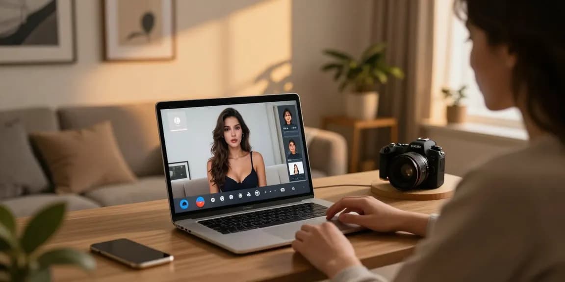 Engaging in an ai porn chat within a cozy home office setting, showcasing user interaction with a realistic AI character.