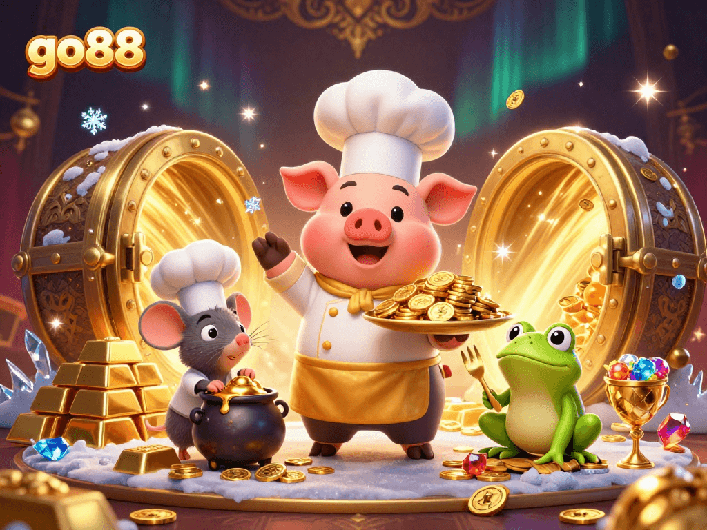 Experience excitement with go88's golden treasures and gourmet delights in this vibrant casino scene.