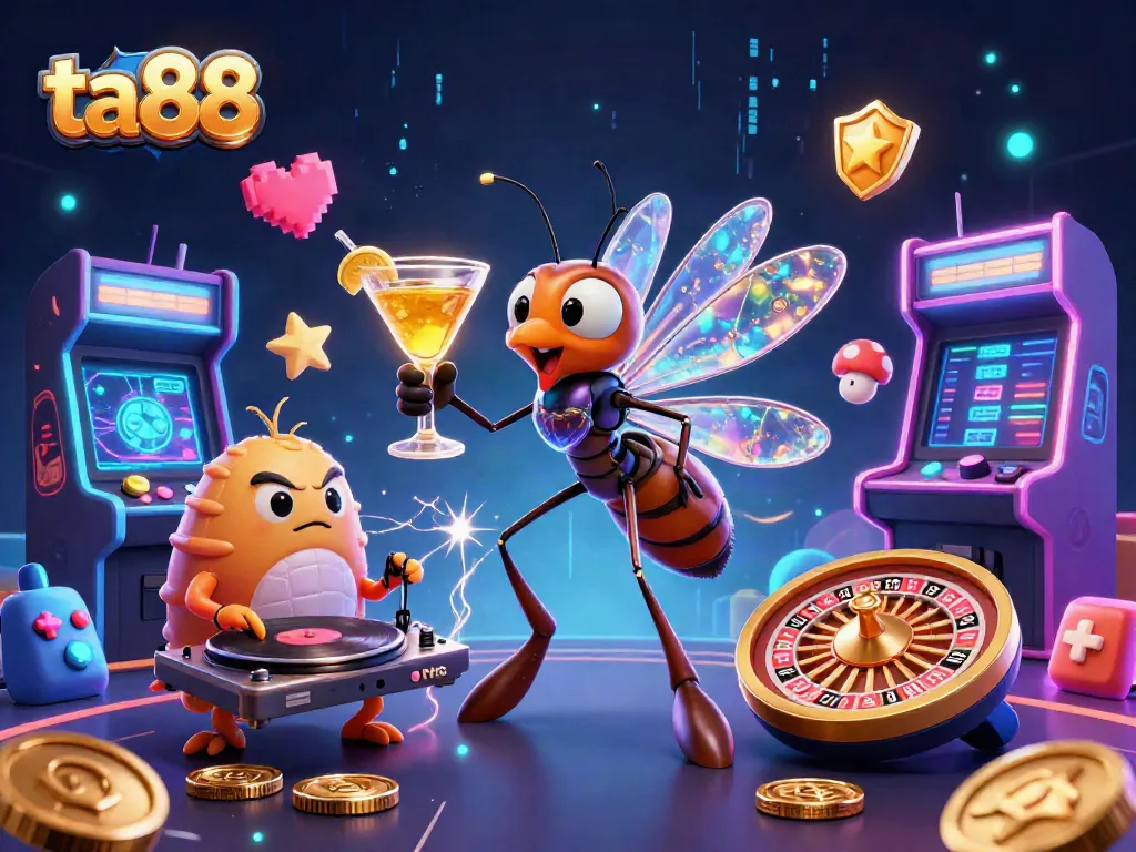 ta88 offers a lively gaming experience with a vibrant casino mascot, a trilobite DJ, and a roulette wheel in 3D.