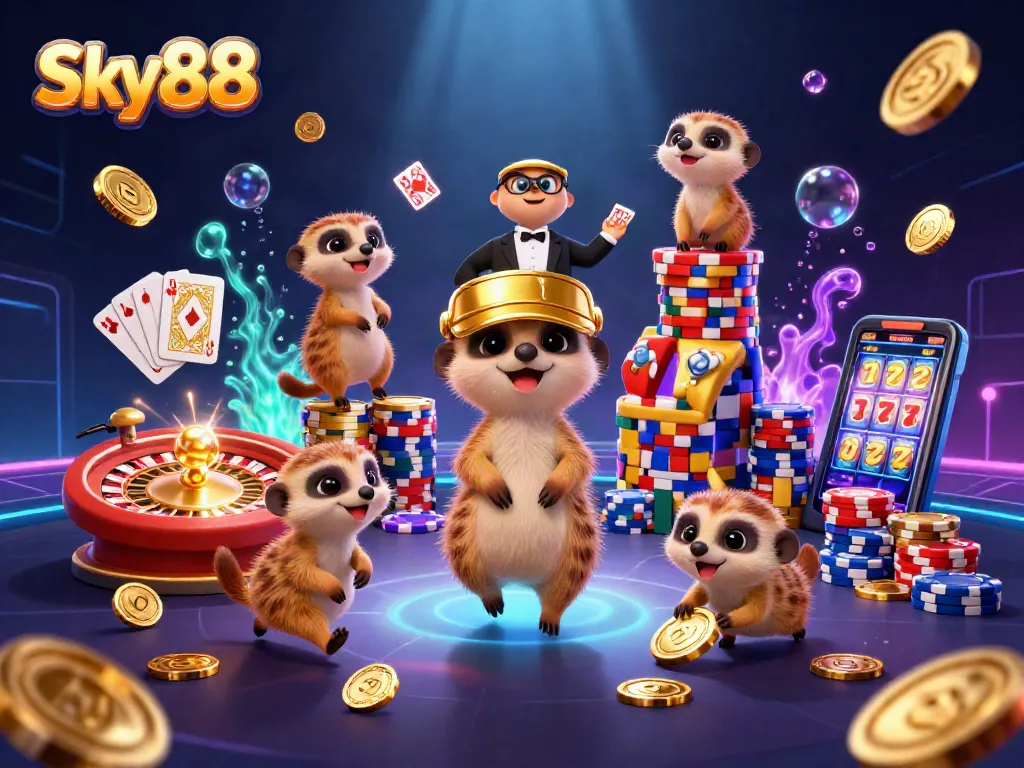 Engage in the vibrant world of Sky88 casino with meerkats orchestrating vibrant gaming activities.