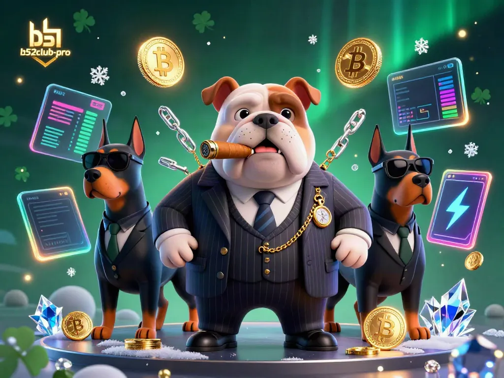 Engage with b52club-pro through a vibrant 3D scene featuring a mafia bulldog and crypto elements.
