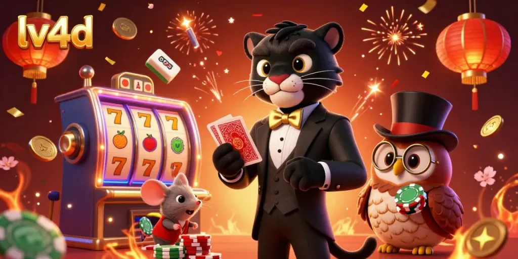 Engage in gaming excitement with lv4d's casino-themed illustration featuring dynamic characters and vibrant 3D elements.