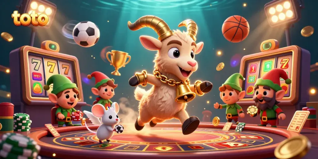Visualisasi kasino bertema toto dengan karakter krampus dan elf, menampilkan permainan slot dan bola olahraga.