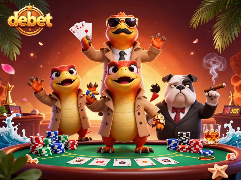 Engage in thrilling gaming at Debet's vibrant online casino atmosphere, featuring poker and raptors.