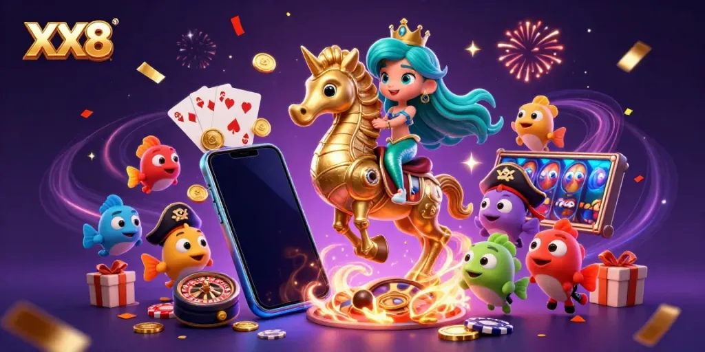 Experience the excitement with XX8 in a vibrant casino-themed scene full of colorful characters and game elements.