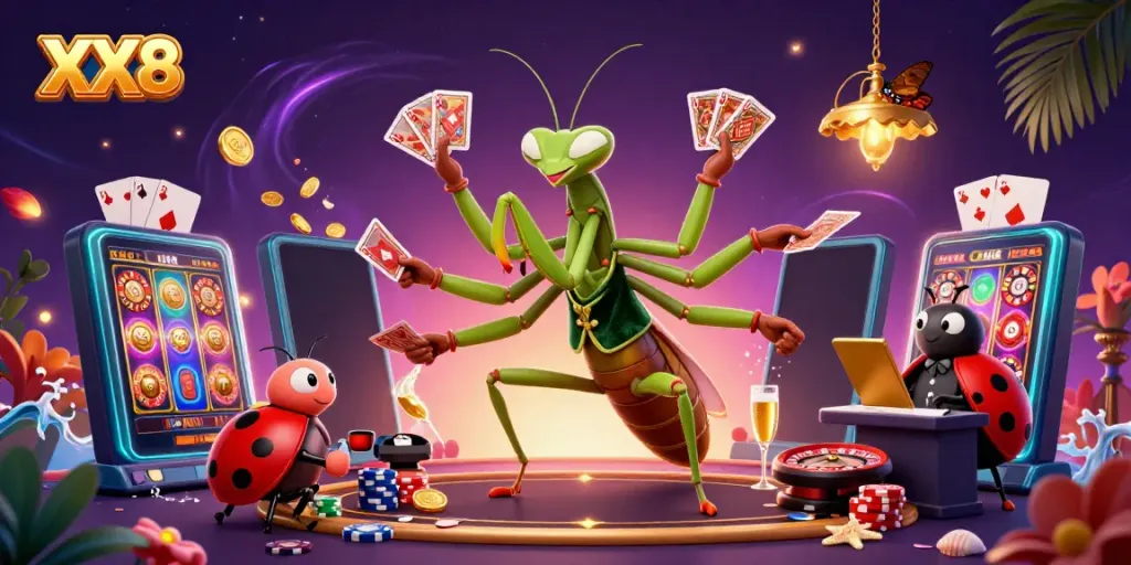 Engage with XX8's dynamic online casino scene featuring vibrant characters and exciting game elements.