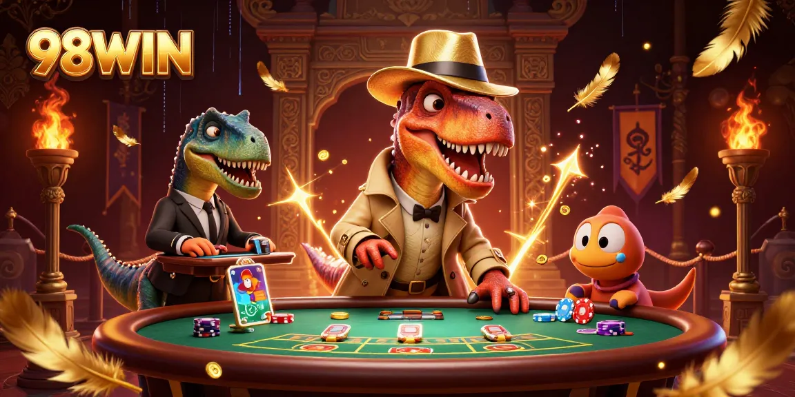 Engage with 98WIN's thrilling casino experience featuring a velociraptor card counter and elaborate gaming elements