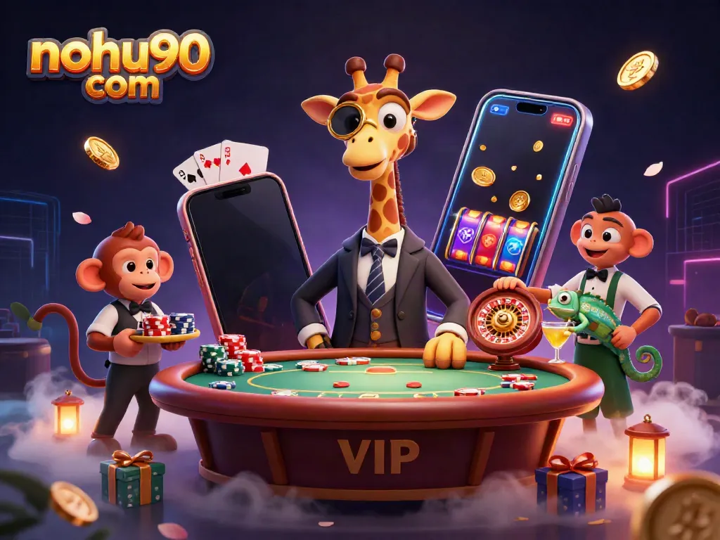 Experience excitement with nohu90 com in a vibrant 3D casino illustration highlighting dynamic characters and gaming elements.