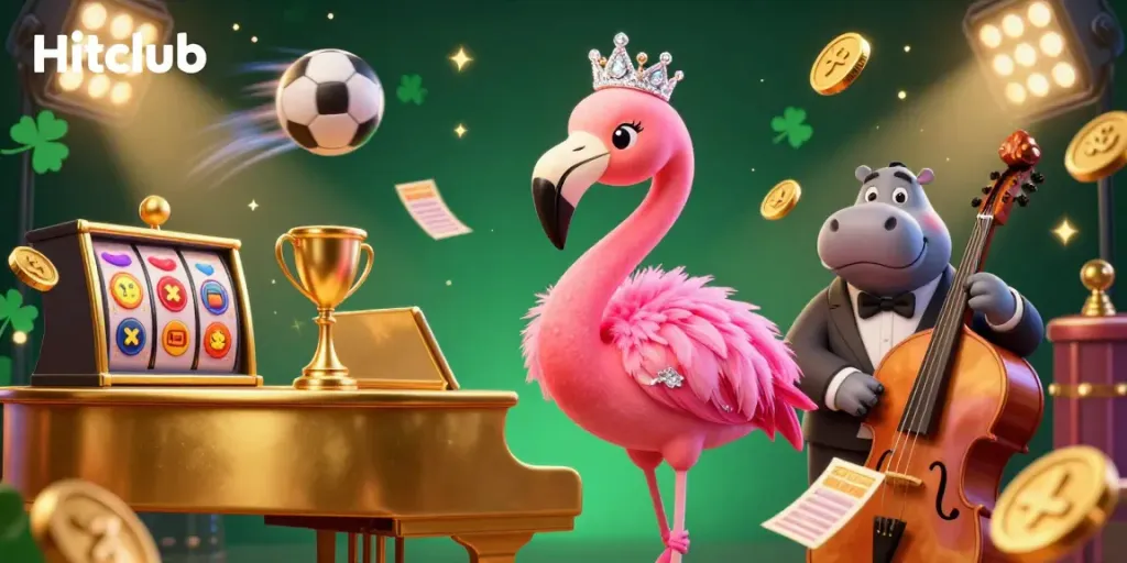 Experience the excitement of Hitclub with a vibrant casino scene featuring a flamingo singer and hippo bassist amidst dynamic gaming elements.