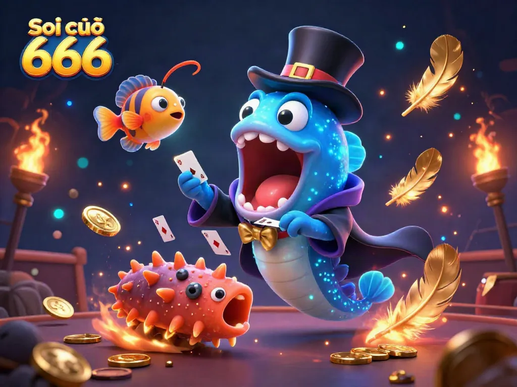 Soi cầu 666 showcases a vibrant 3D scene with magical sea creatures performing card tricks, surrounded by gambling elements.