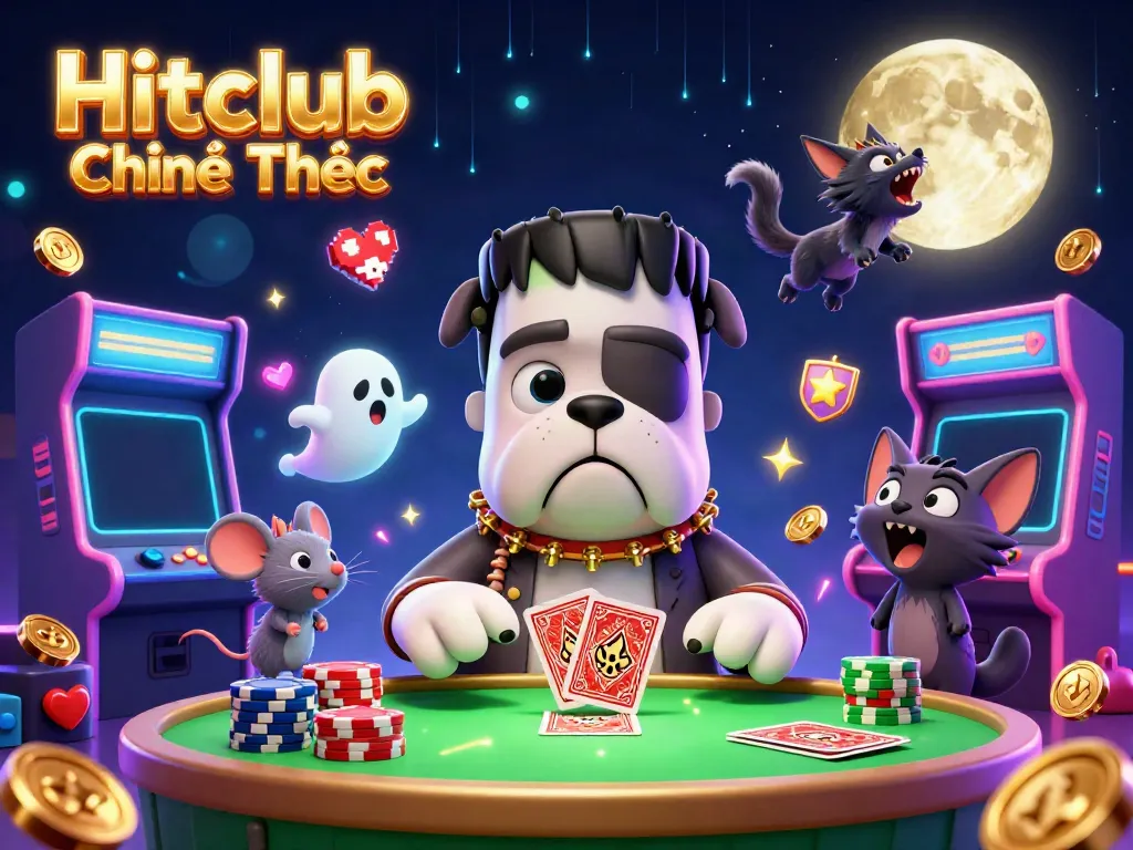 Join the fun at Hitclub Chính Thức, where a Frankenstein bulldog deals cards amidst colorful casino elements.