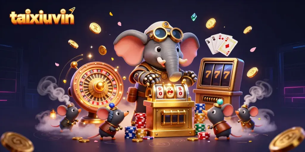 Experience the excitement of taixiuvin with a dynamic 3D steampunk casino scene featuring an elephant engineer.