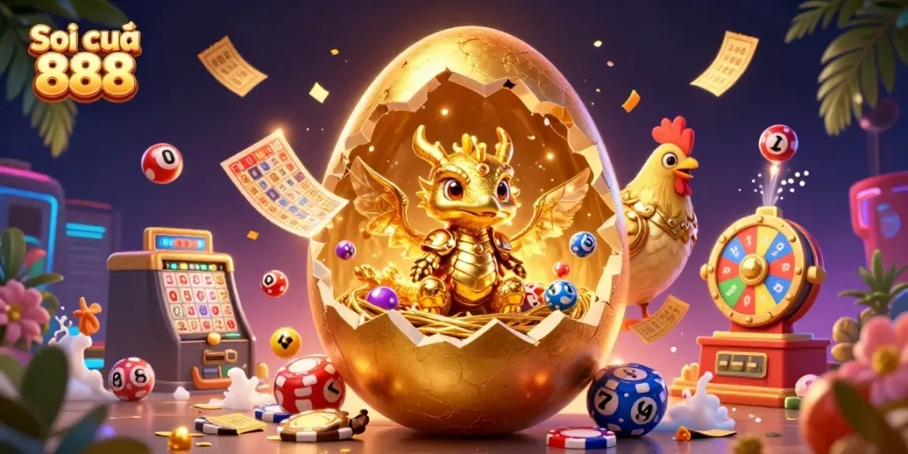 Engage in the excitement of Soi cầu 888 as a golden baby dragon emerges from a lottery-themed scene.