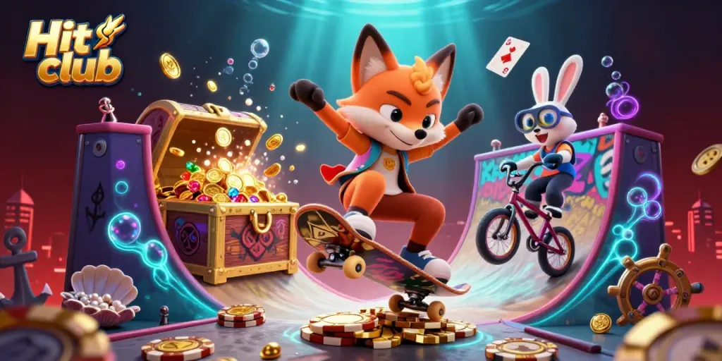 Experience Hit club with a vibrant casino-themed scene featuring a skateboarder fox and BMX-riding rabbit amid dynamic game elements.