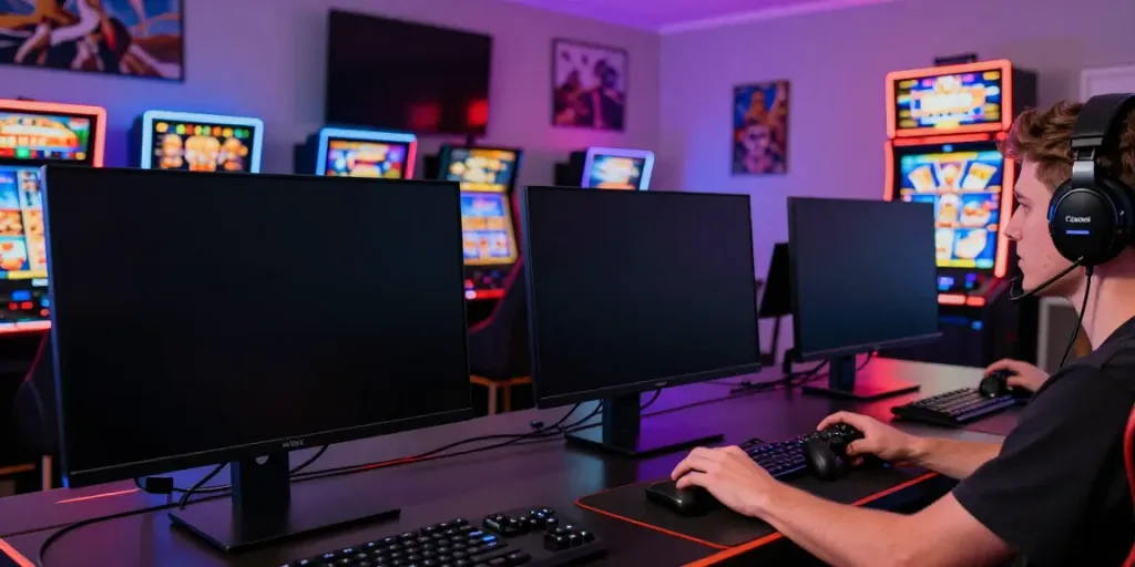 Engaging scene of online gaming with link slot gacor displayed on screen in vibrant home setup.