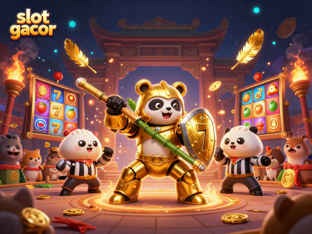 Experience the thrill of slot gacor with golden panda and vibrant slot reels in this dynamic arena.