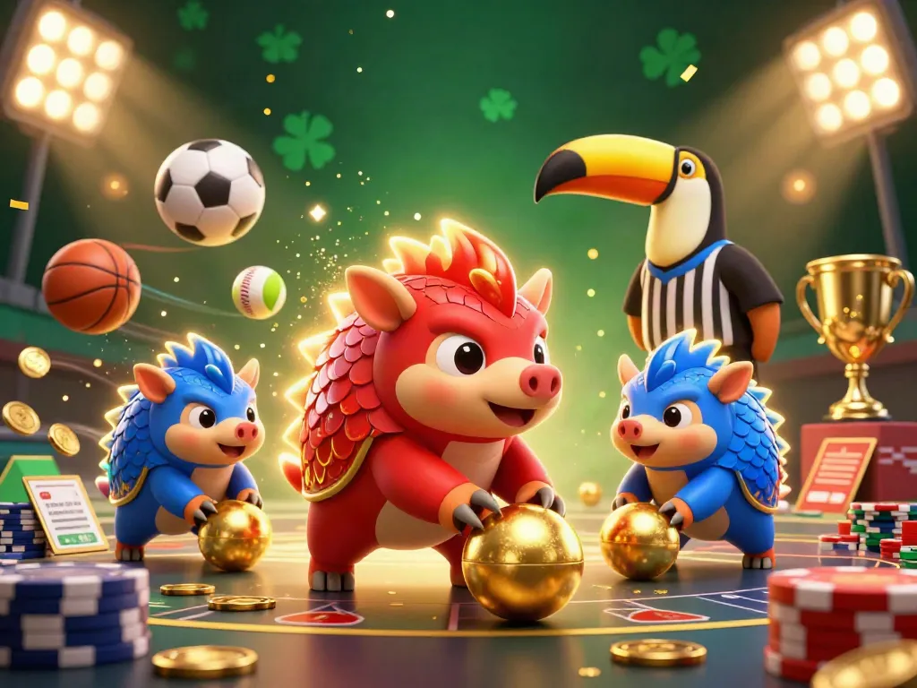 Engage with tỷ lệ kèo in an immersive sports betting scene featuring rival pangolins and dynamic sports elements.