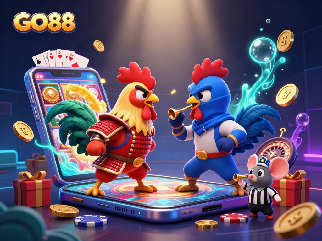 GO88's fierce duel with fighting roosters showcases dynamic casino action amidst vibrant gaming elements.