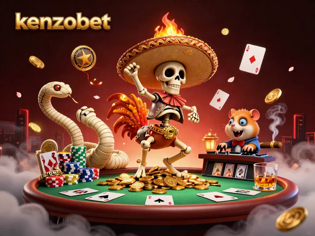 kenzobet celebrates victory with a dynamic 3D illustration featuring vibrant casino characters and iconic gaming elements