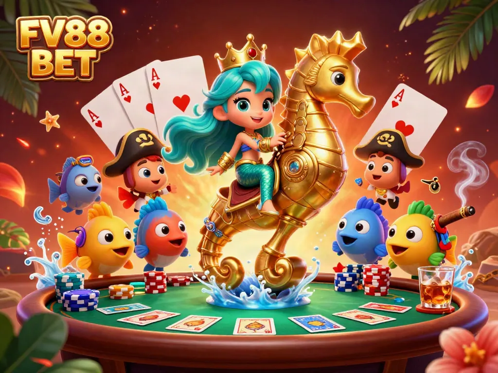 Engage with the vibrant FV88 BET scene featuring a mermaid princess and poker elements, showcasing exciting gaming!