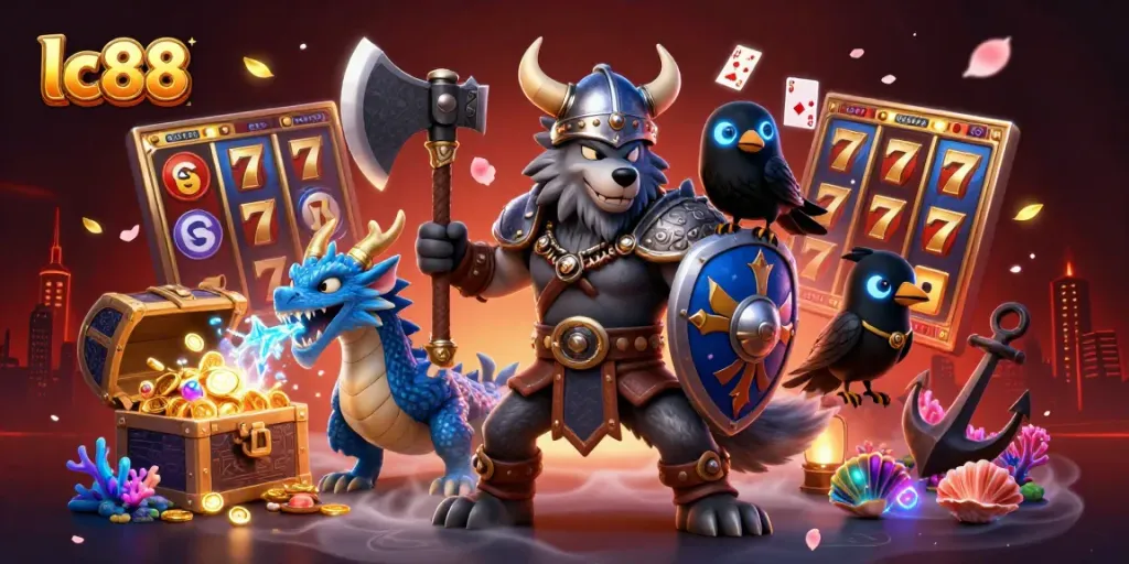 Engaging lc88 scene with a Viking wolf warrior, fierce dragon, and ravens among vibrant casino elements.