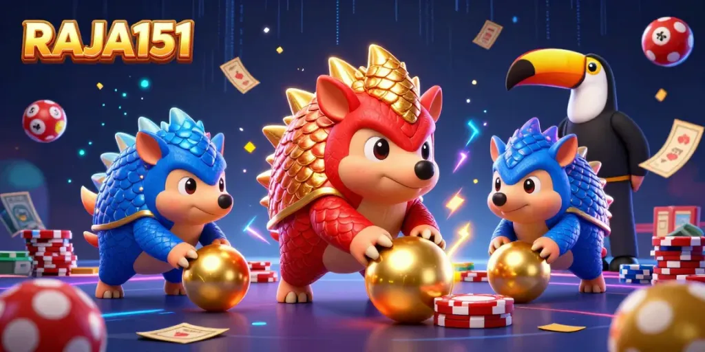 Engage with RAJA151 in an exhilarating casino scene featuring animated pangolins bowling through colorful lottery elements.