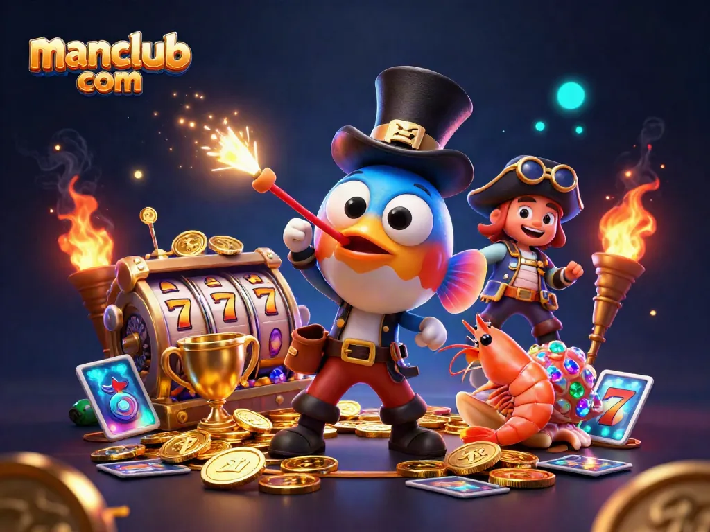 Engage in excitement at manclub com with a vibrant 3D scene featuring casino themes and lively characters.
