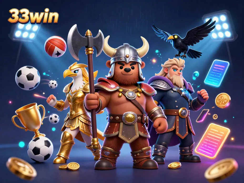 Experience the excitement of 33win with vibrant casino elements featuring 3D illustration art.