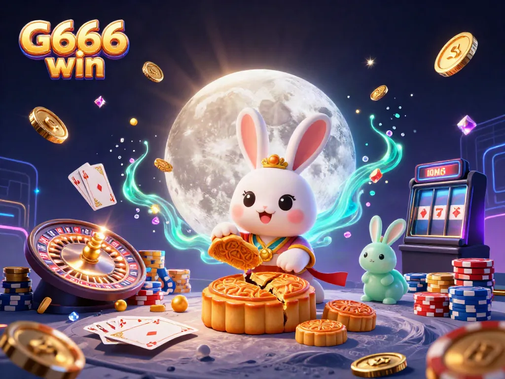 Experience the G666 win as a moon rabbit reveals poker chips among rich casino elements.