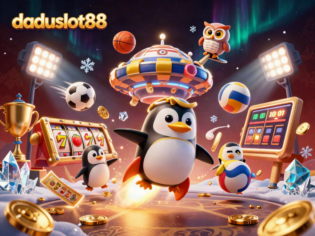 Grafik daduslot88 dengan penguin emas meluncur ke stasiun kasino di luar angkasa, dikelilingi bola olahraga dan slot.
