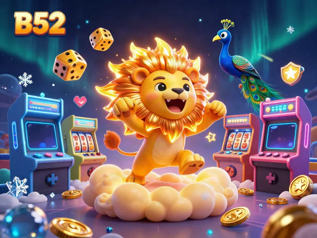 Engage with B52's vibrant casino experience featuring lively game elements and a majestic 3D lion.