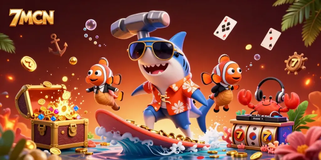 Engage with 7MCN's vibrant casino energy as the shark surfs on gold coins.