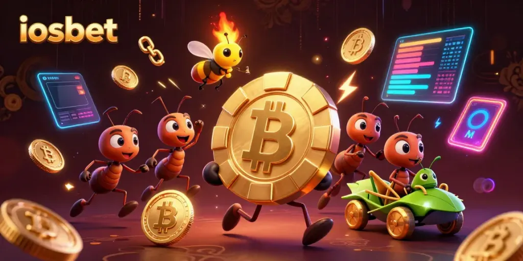 Geng semut 3D membawa chip poker emas besar, simbol perjudian iosbet yang keren.