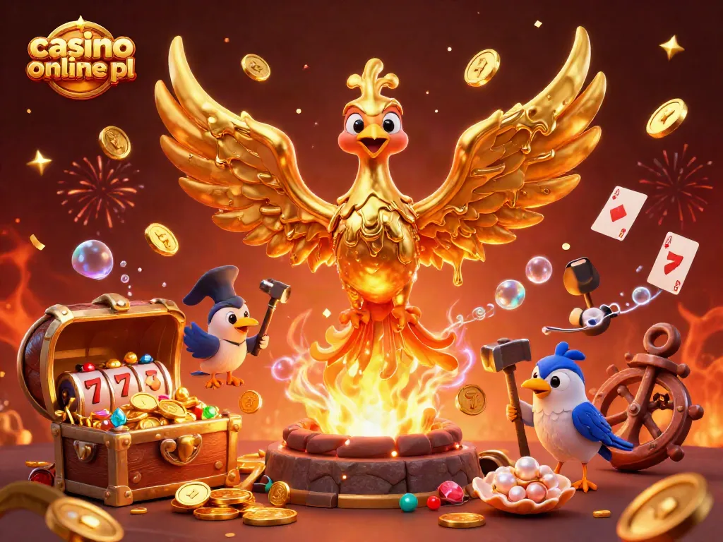 Experience thrilling games with a golden phoenix at casino online pl, surrounded by sparkling treasures.