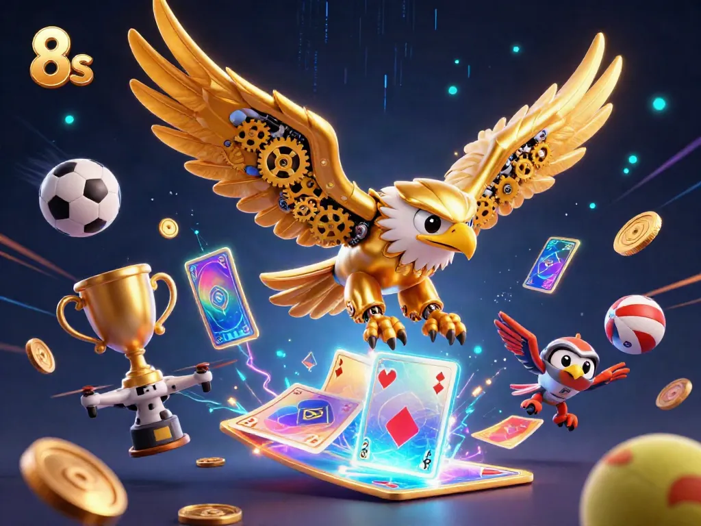Experience high-stakes betting with 8s as a golden eagle dives through a cascade of holographic cards.