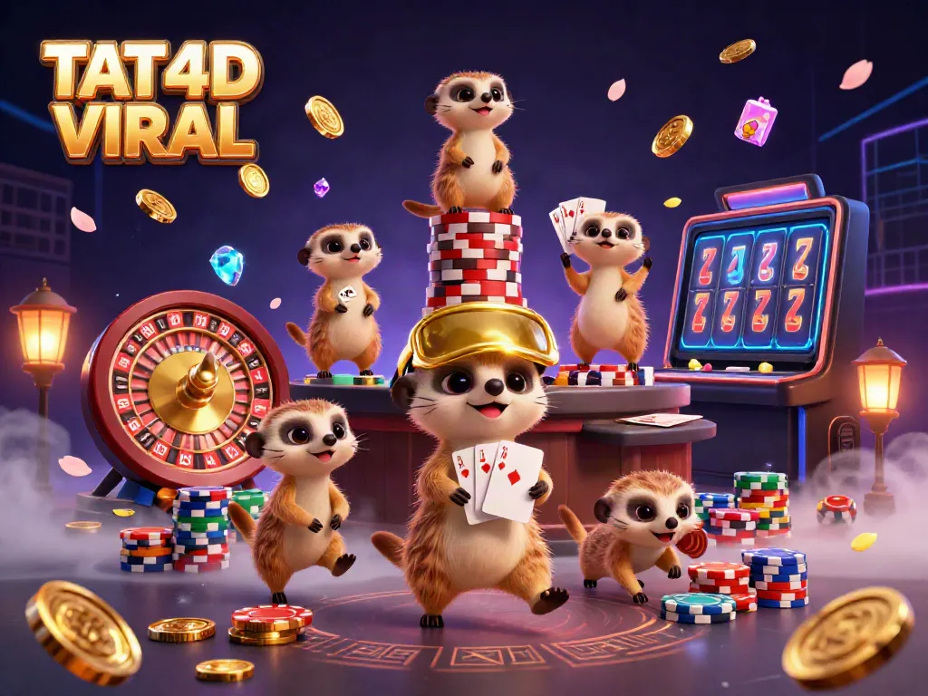 A 3D cartoon depiction of TAT4D VIRAL featuring meerkats in a lively casino scene, showcasing dynamic card games and animated slot machines.