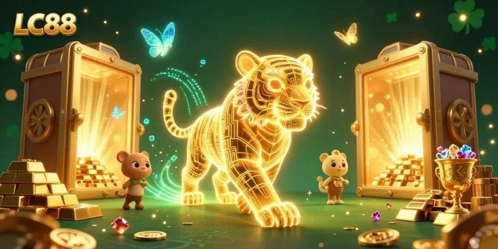 Experience the thrill of gaming with LC88’s golden tiger and dazzling treasures.
