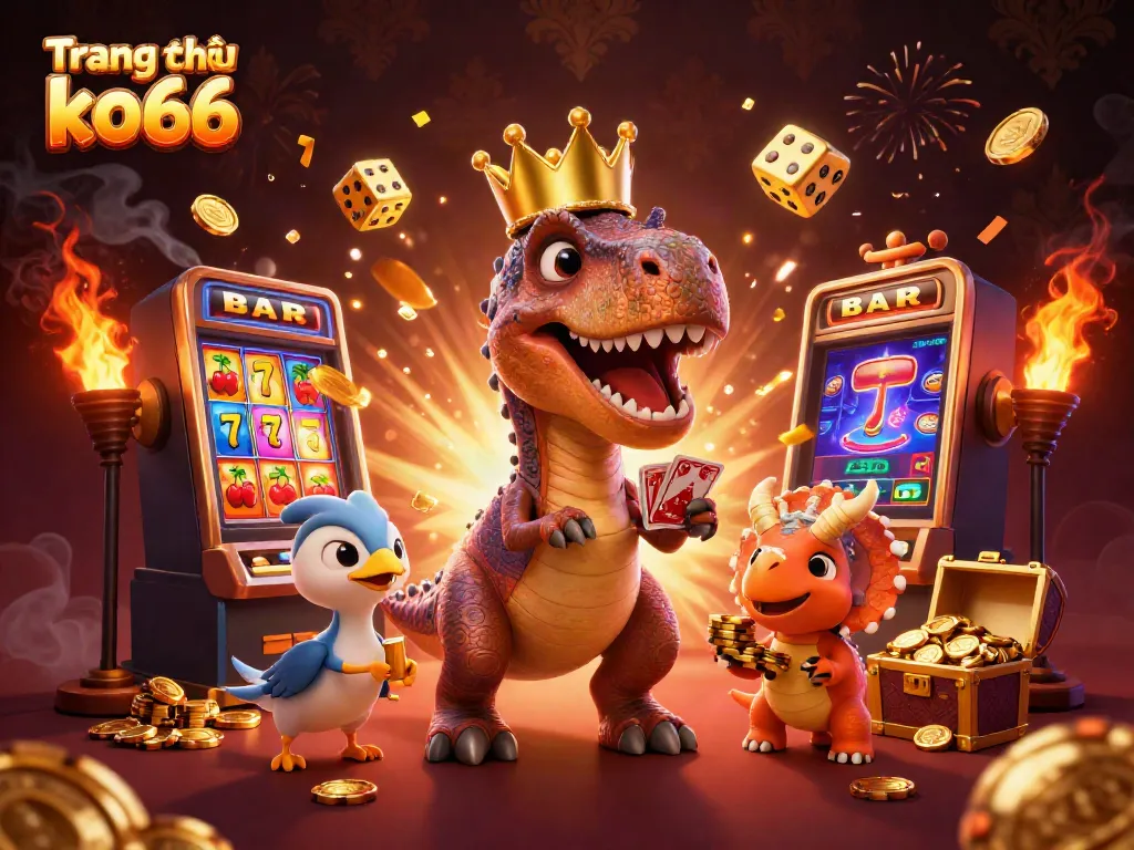 Engage in thrilling gameplay at Trang chủ ko66 with an exciting casino-themed scene featuring playful dinosaur characters amidst colorful slot machines.