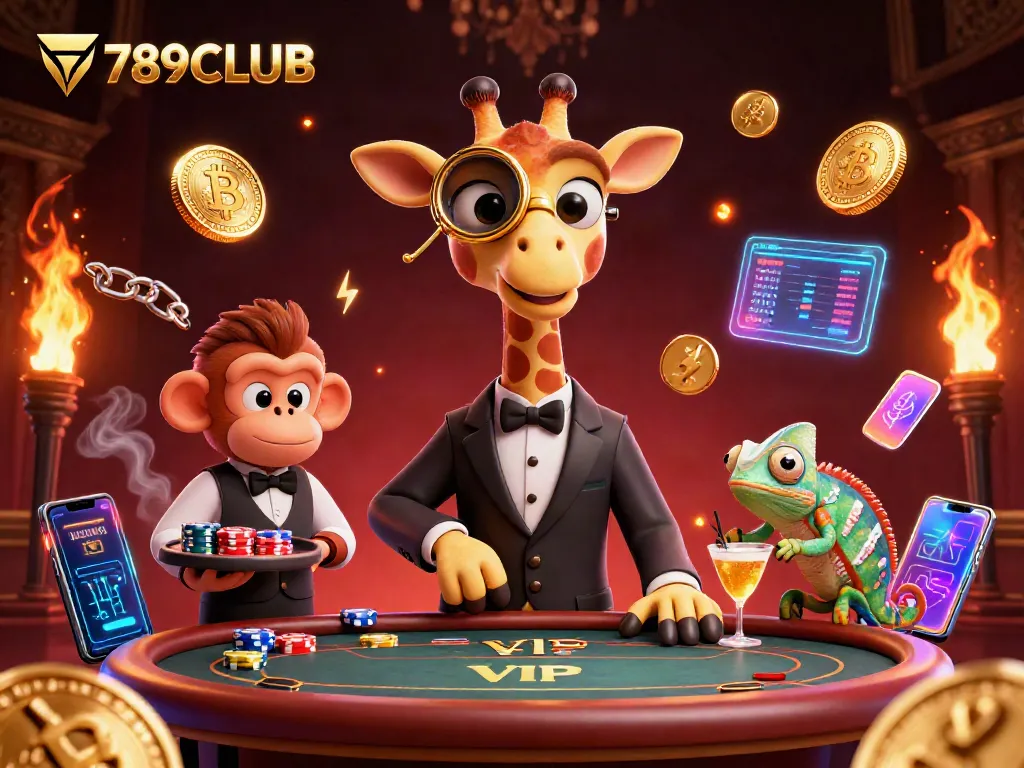 Engage with 789CLUB at a high-stakes poker table, featuring unique characters and casino elements.