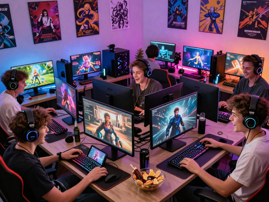 Engaged players enjoying a vibrant multiplayer sex simulator game in a cozy gaming room.