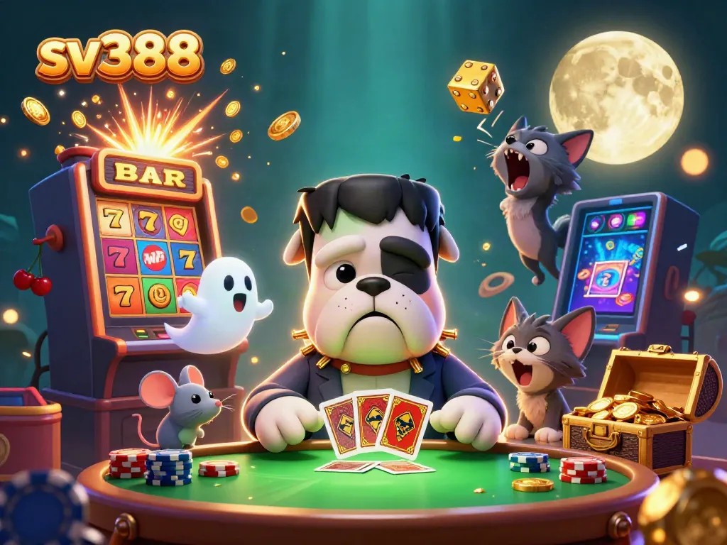Experience thrilling gameplay at SV388, featuring unique casino characters engaging with cards and slots.