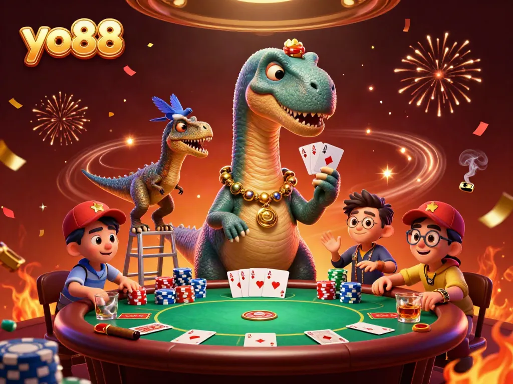 Engage in exciting poker moments at yo88 with a magical 3D dinosaur-themed casino illustration.