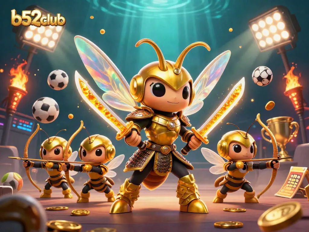 Experience thrilling action at b52club with a vibrant scene of a golden hornet and sports elements.