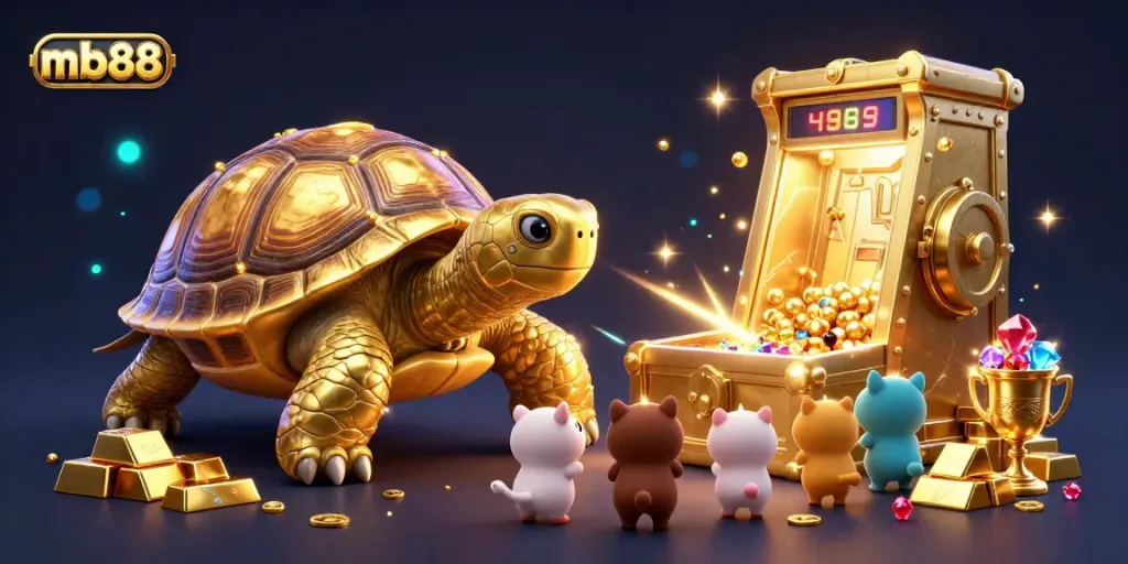 Experience thrilling gameplay at mb88 with a vibrant scene of a golden tortoise pinball machine and treasure.