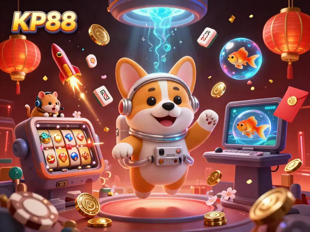 Engage with KP88's thrilling gaming world featuring a floating corgi, space-themed casino elements, and vibrant graphics.