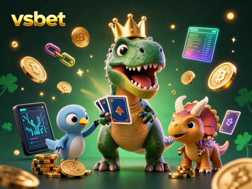 Engage with the vibrant world of vsbet, where a T-Rex shuffles cards amidst glowing crypto coins and jackpot excitement.