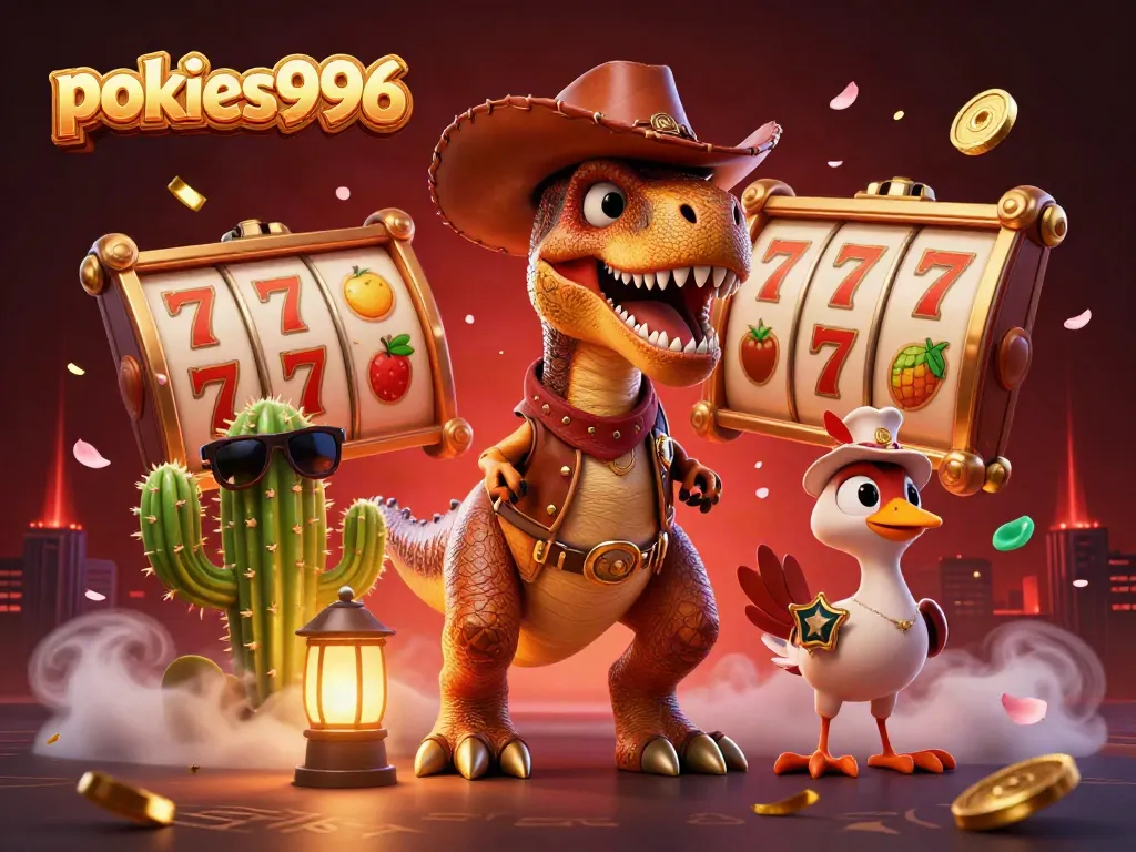 Play pokies996 and win big in this vibrant casino-themed 3D illustration with a T-Rex and friends.