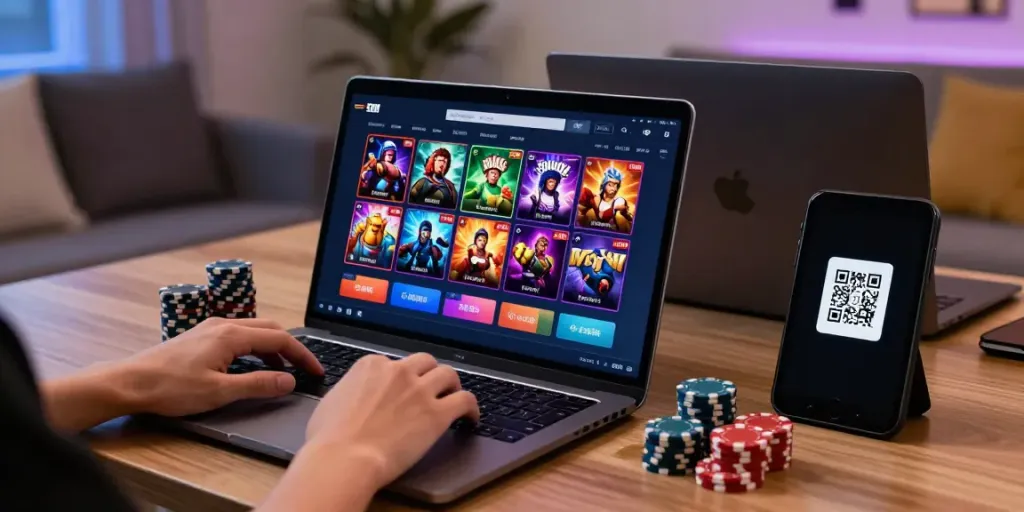Player navigating server Thailand gaming platform with chips and smartphone, engaging slot experience.
