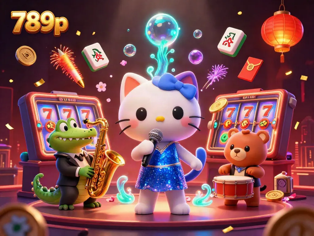 Experience the excitement of 789p with colorful slot reels and lively cartoon characters on stage.