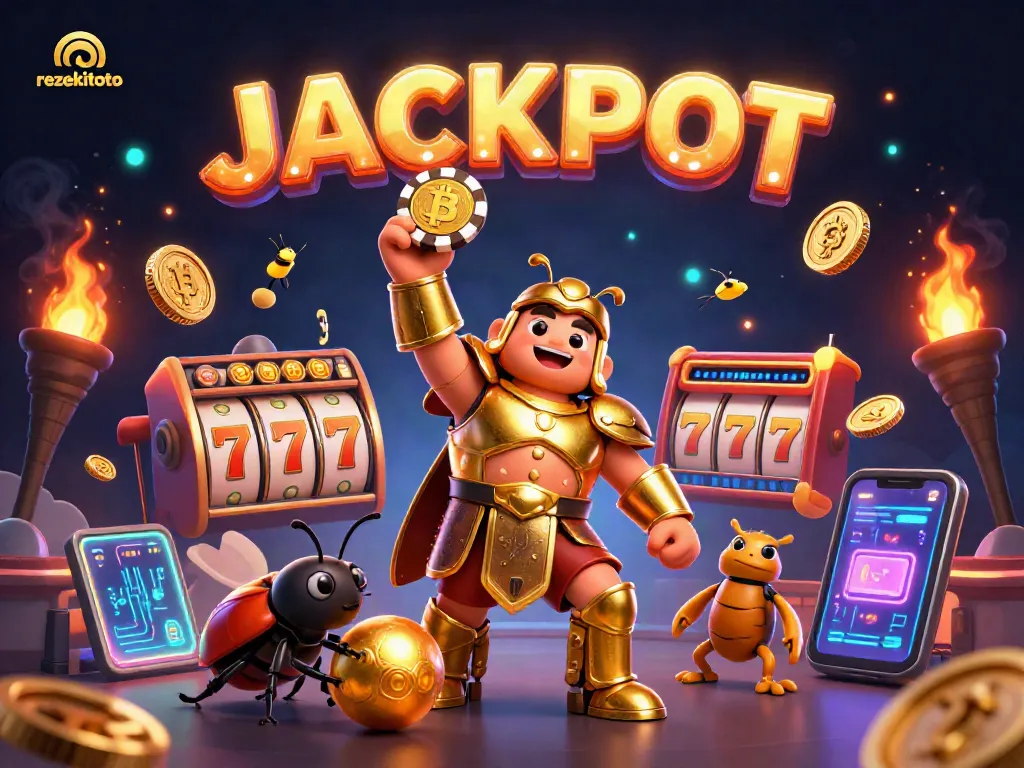 Rezekitoto features a victorious hercules beetle in gladiator armor amidst vibrant slot reels.